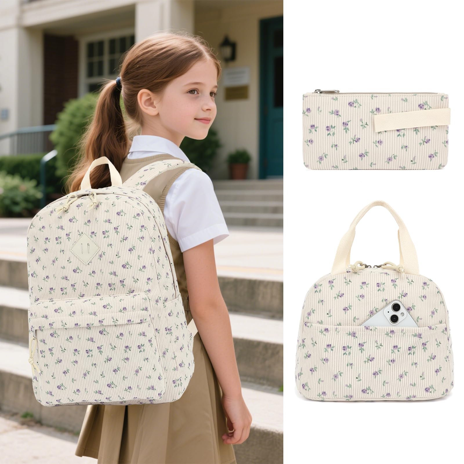 Corduroy Mädchen-Rucksack-Set, 3-teilig, Schulrucksäcke für Kinder, Grundschultaschen mit Lunchbox, Federmäppchen, Beigefarbener Kordsamt, Blumenmuster, Violett, 12.2"L x 6.7"W x 16.9"H