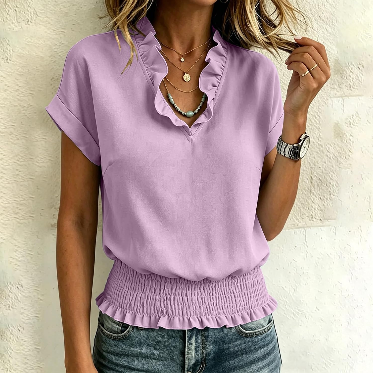 V Neck T Shirts for Women Ruffled Smocked Waist Short Sleeve Summer Tops Business Casual Basic Fashion Loose Blouse