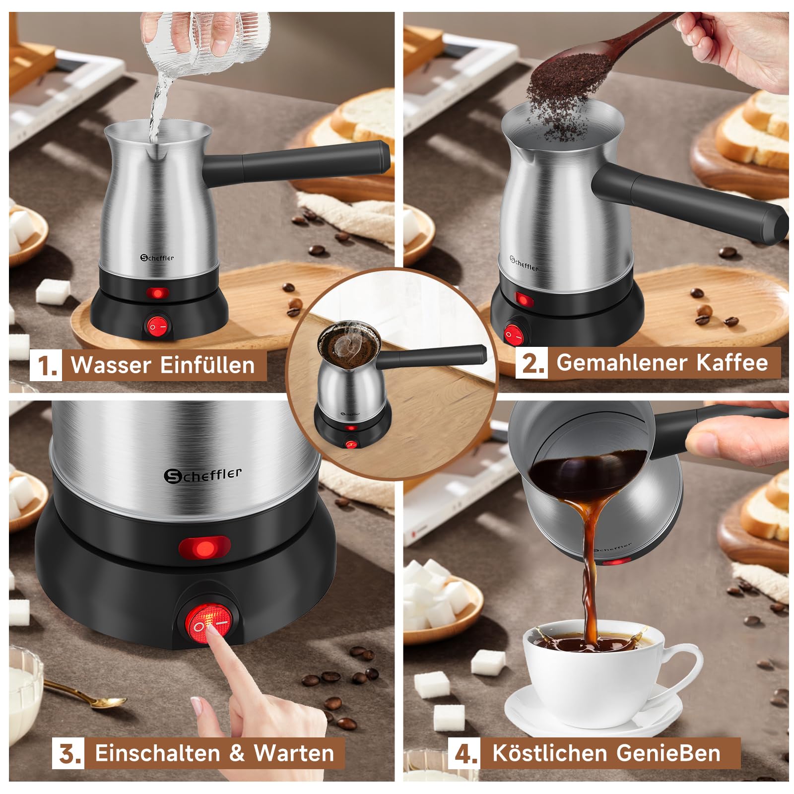 Scheffler Turecki ekspres do kawy elektryczny 500 ml | 800 W, stal nierdzewna, dzbanek do kawy mokka, do domu, biura, podróży