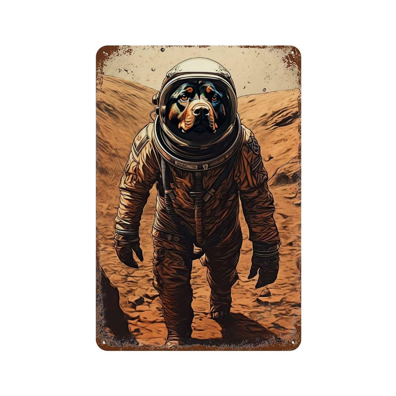 Rust Effect Rottweiler Astronaut Mars Decorative Tin Sign 11.8"x7.9", Rustic Home Decor for Cafe, Home Bar And Lounge Decor