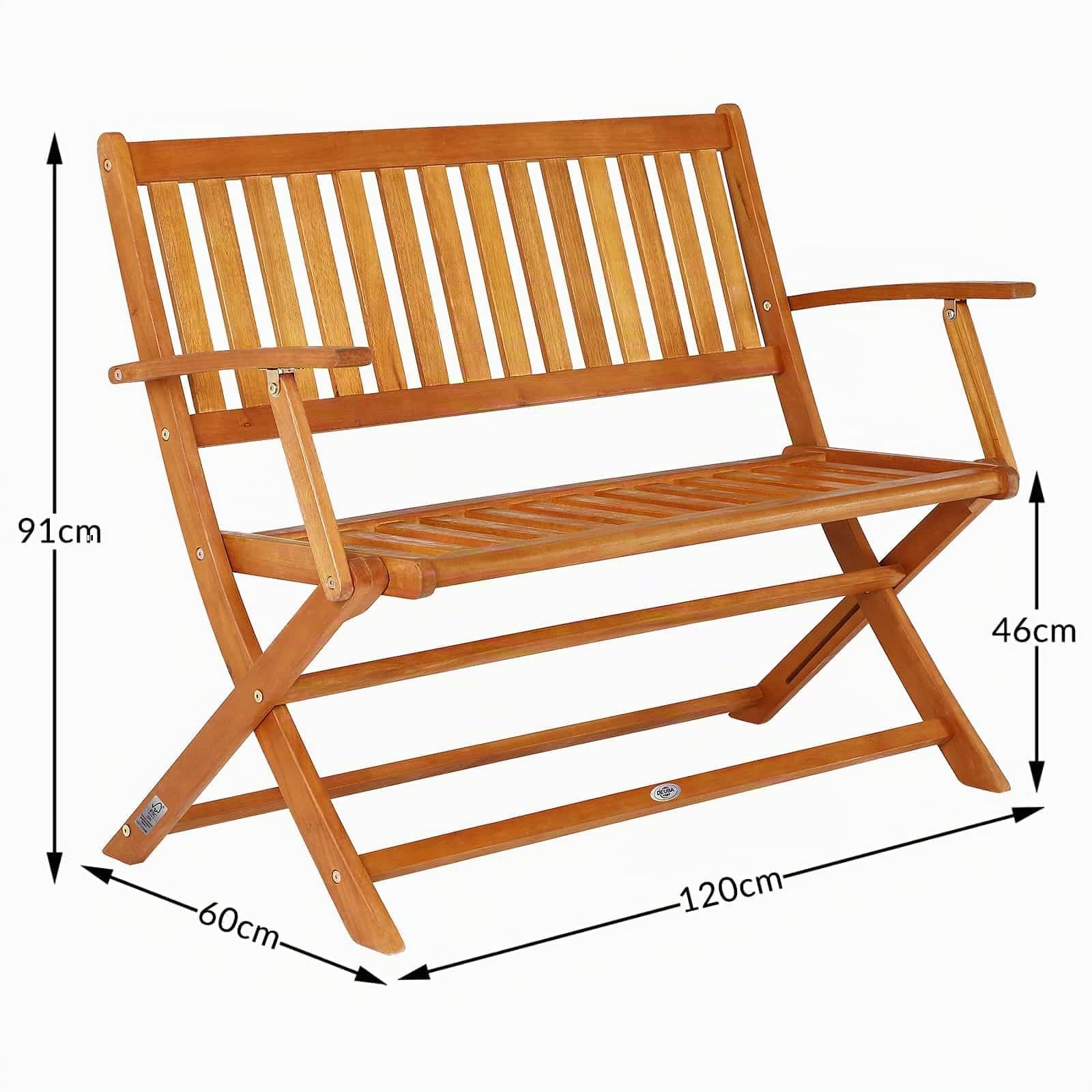 Casaria® Banco de Jardín Madera de Eucalipto 120x60 cm Asiento Exterior 2 Plazas Plegable Reposabrazos Certificación FSC® Carga hasta 320Kg Resistente Intemperie Mueble Balcón Terraza Patio