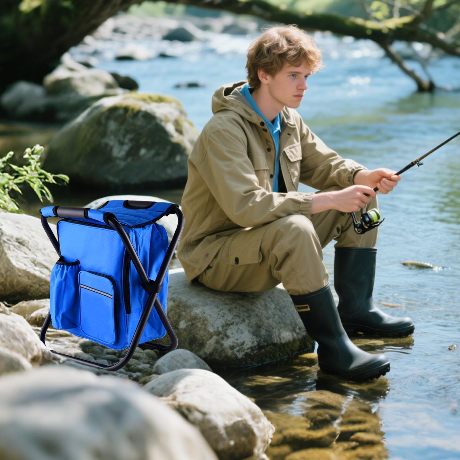 Sgabello Pieghevole Portatile Sgabello da Esterno con Borsa Frigo Termica | Sedia da Prato con Borsa Termica Per Balcone, Campeggio, Spiaggia, Viaggio, Giardino, Escursionismo E Pesca