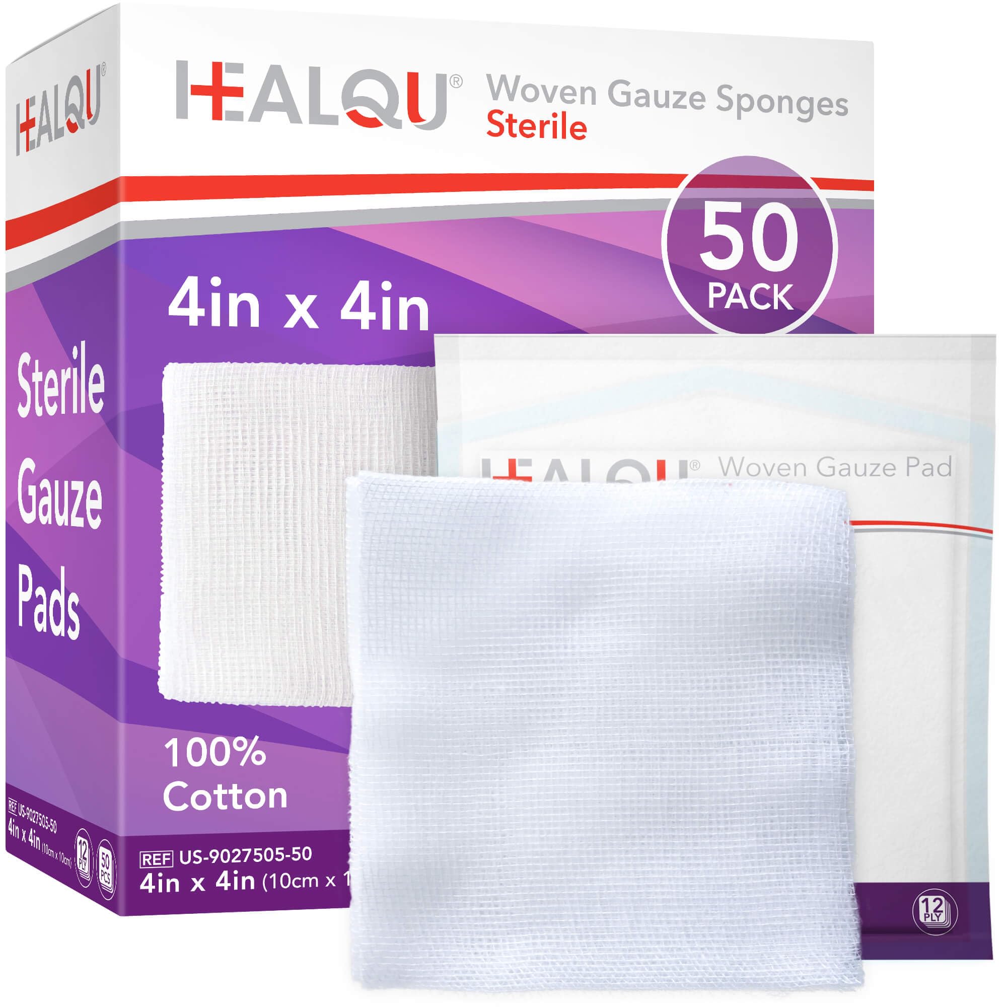 4x4 Large Sterile Gauze Pads - 50 Pack, 12-Ply Woven Cotton, Individually Wrapped Medical Gauze Sponges, Soft & Highly Absorbent Wound Dressings for