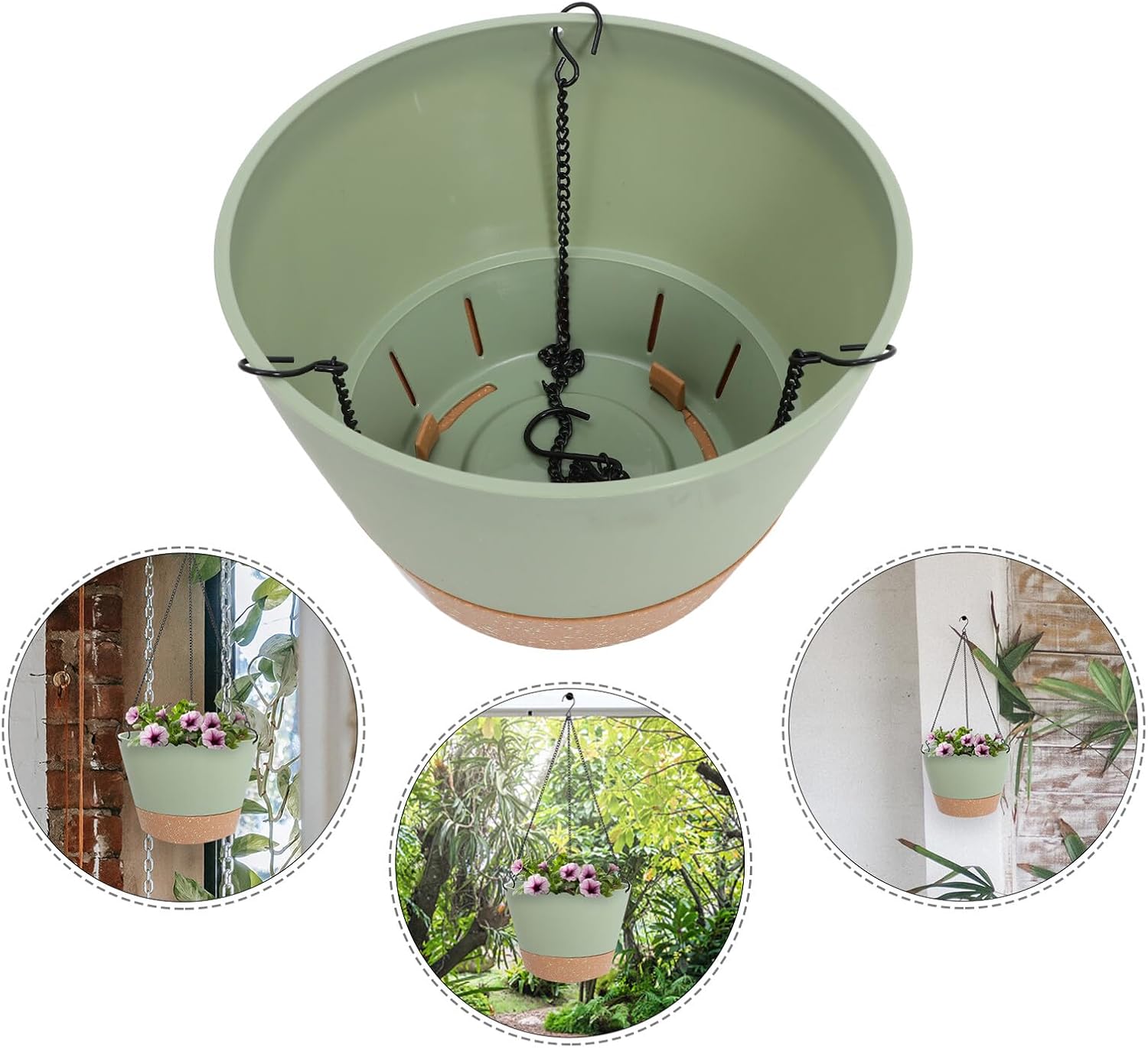 2pcs Hanging Flower Pots for Garden Balcony, 10-inch Plastic Hanging Planters with Drainage Holes, Green Bean Color, Outdoor Indoor Plant Baskets for Patio and Porch Decor