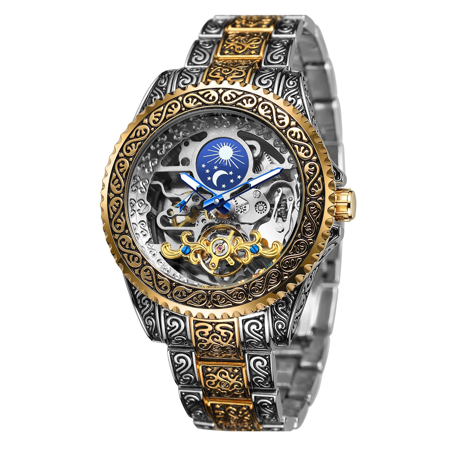 Men's Watch Retro Mechanical Skeleton Watch with Carved Automatic Tourbillon, Moon Phase, Independent Seconds, and Big Dial Design - Self-Wind Automatic Wrist Watches-image-23