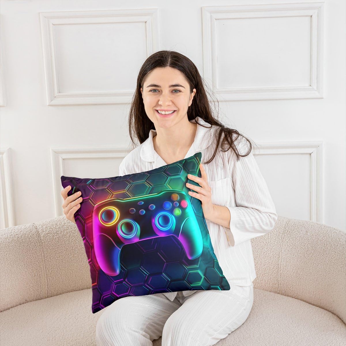 Manfei Modern Gamer Throw Pillow Cover Honeycomb Gaming Console Double Sides Print Squar Pillow Cover, Geometric Video Gamepad Cushion Cover for Bed Couch Sofa, Kids Teen Room Decor, 2 Pack 24"x24" image 3