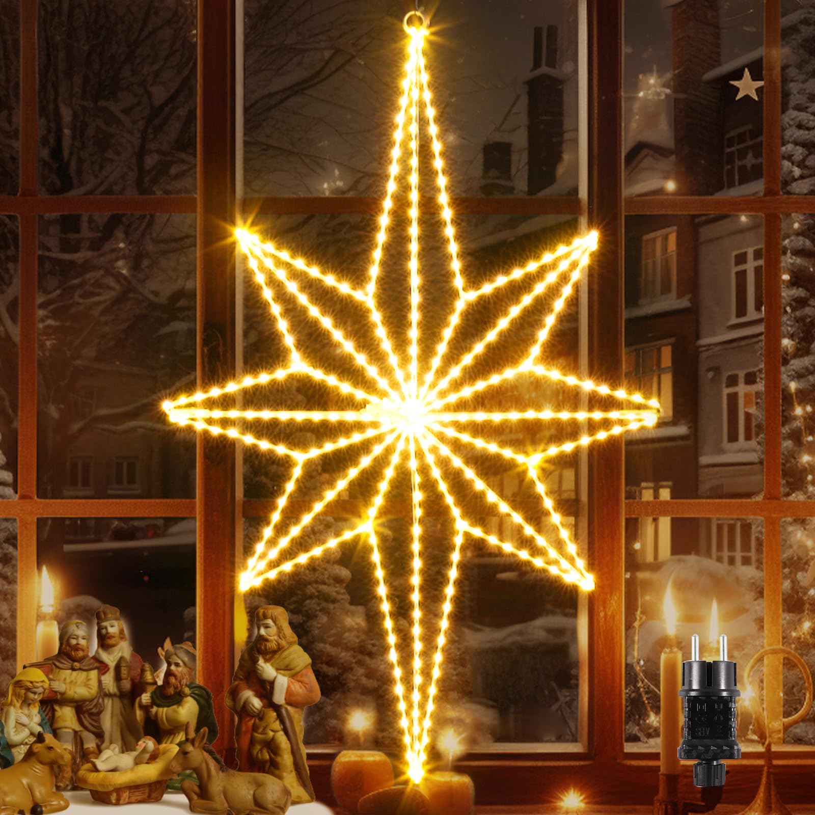 Quntis Stelle Luminose Natale Pieghevole 360 LEDs, Luci Natale Stella 62x39CM, Tenda Luminosa Grande Stella Interno per Finestra Porta Festa Catena Luminosa 3D Stelle Decorazioni Natalizie