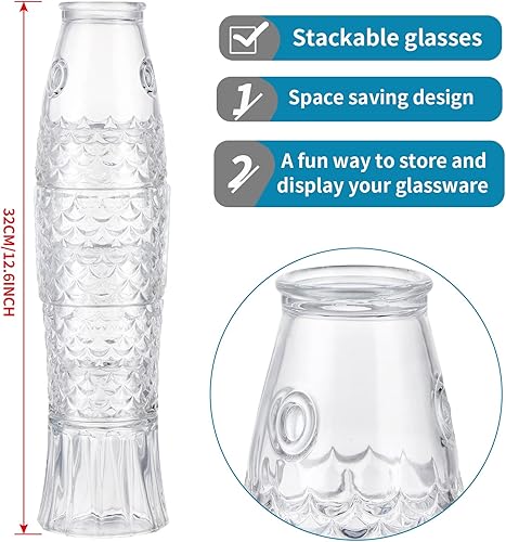 Miniatura 4 de MDLUU Vasos de diseño de pescado, vasos apilables, vasos de vidrio de colores, cristalería náutica para regalo, juego de 4 (transparente)