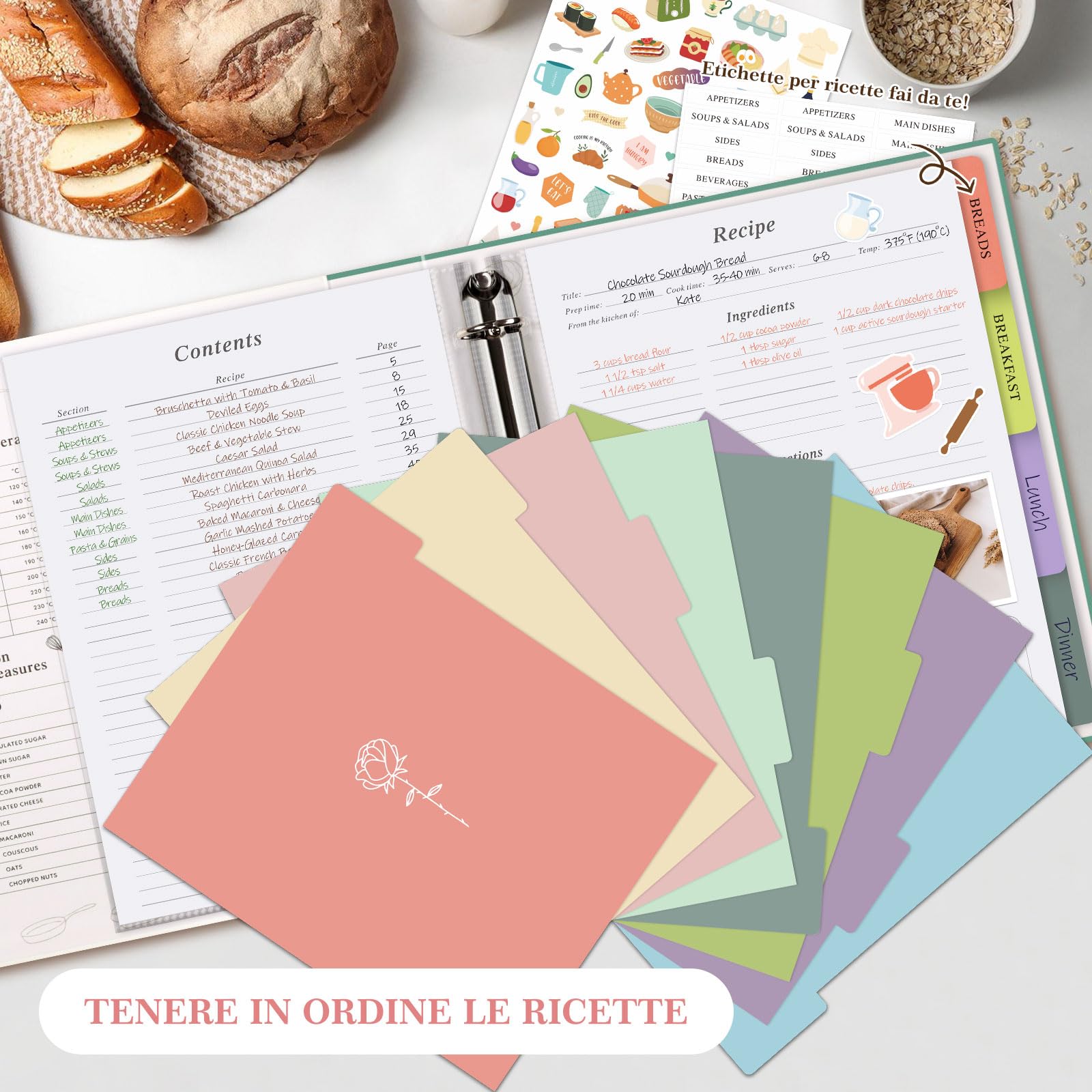 Lanpn Raccoglitore per Ricette, libro Ricettario Quaderno per Ricette da Scrivere a 3 Anelli con 8 Divisori & 2 Adesivi, Recipe Binder Cook Book Journal to Write in Your Own Recipes, Inglese