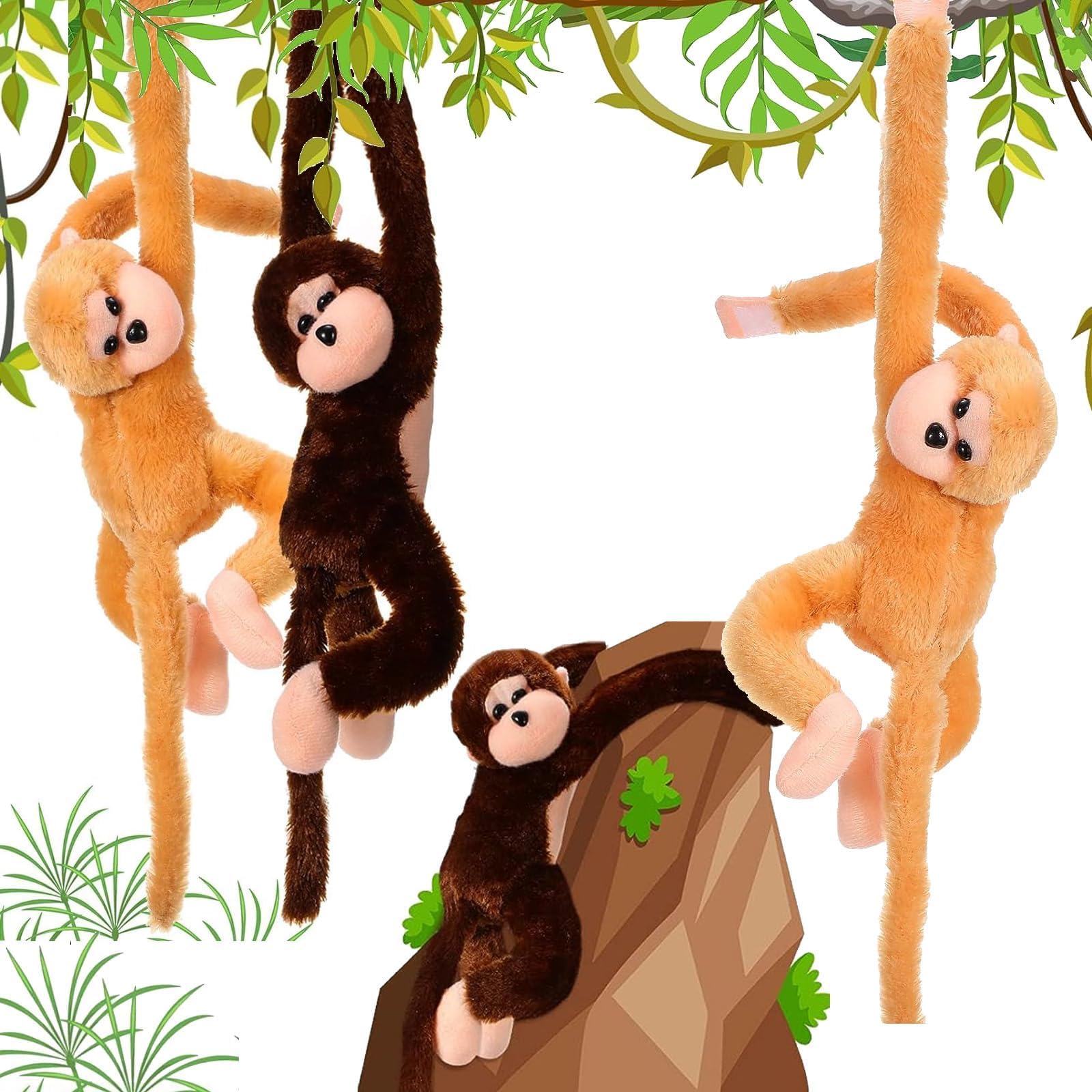 KASTWAVE4 Pack Hanging Monkey Plush Toys - 23 Inch Large Stuffed Animals with Hook & Loop Hands, for Adult Gifts & Home Decor (Brown-A)