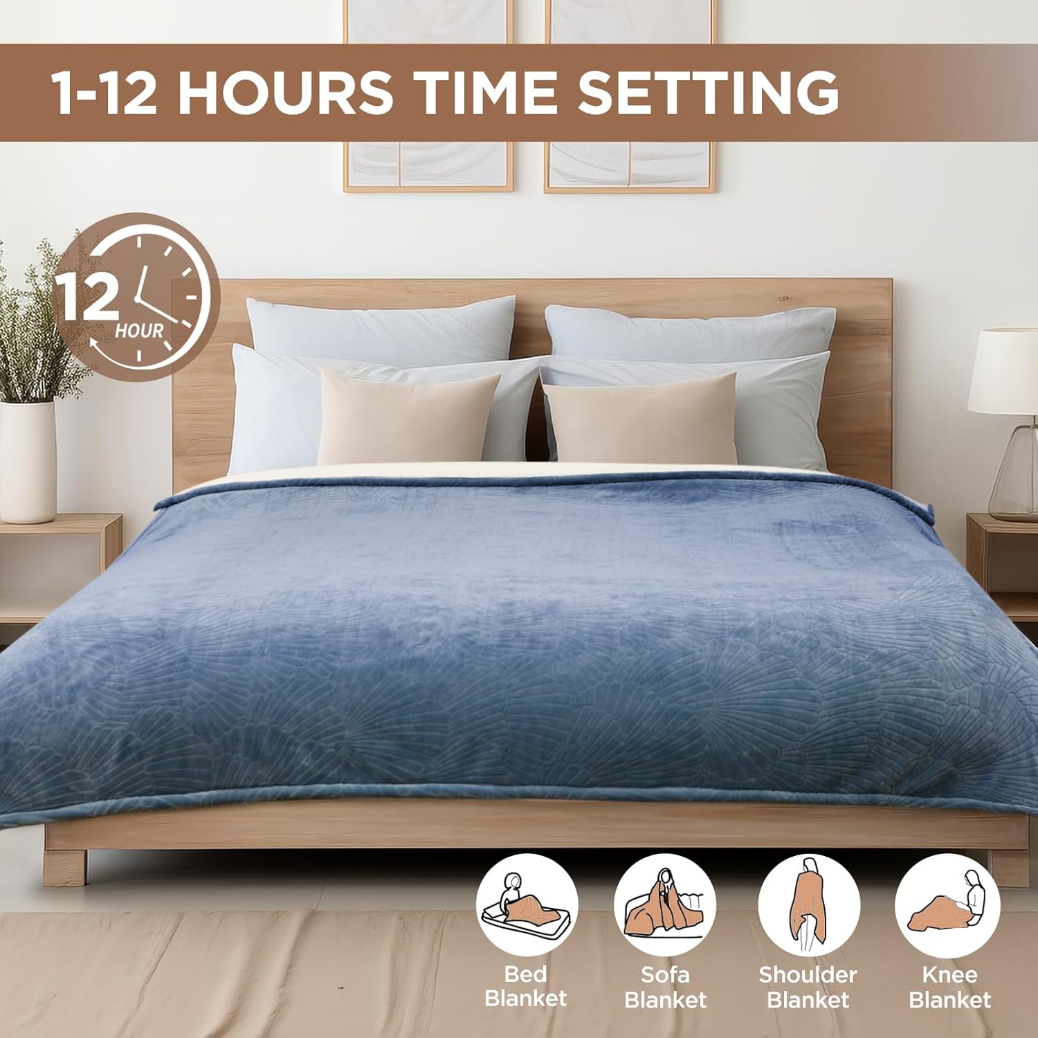 Westinghouse Electric Blanket Full, Flower Jacquard Heated Blanket Full Size with 10 Heating Levels and 1-12 Hours Auto-Off, Flannel to Sherpa Reversible, Machine Washable (72" x 84", Blue) - Image 6