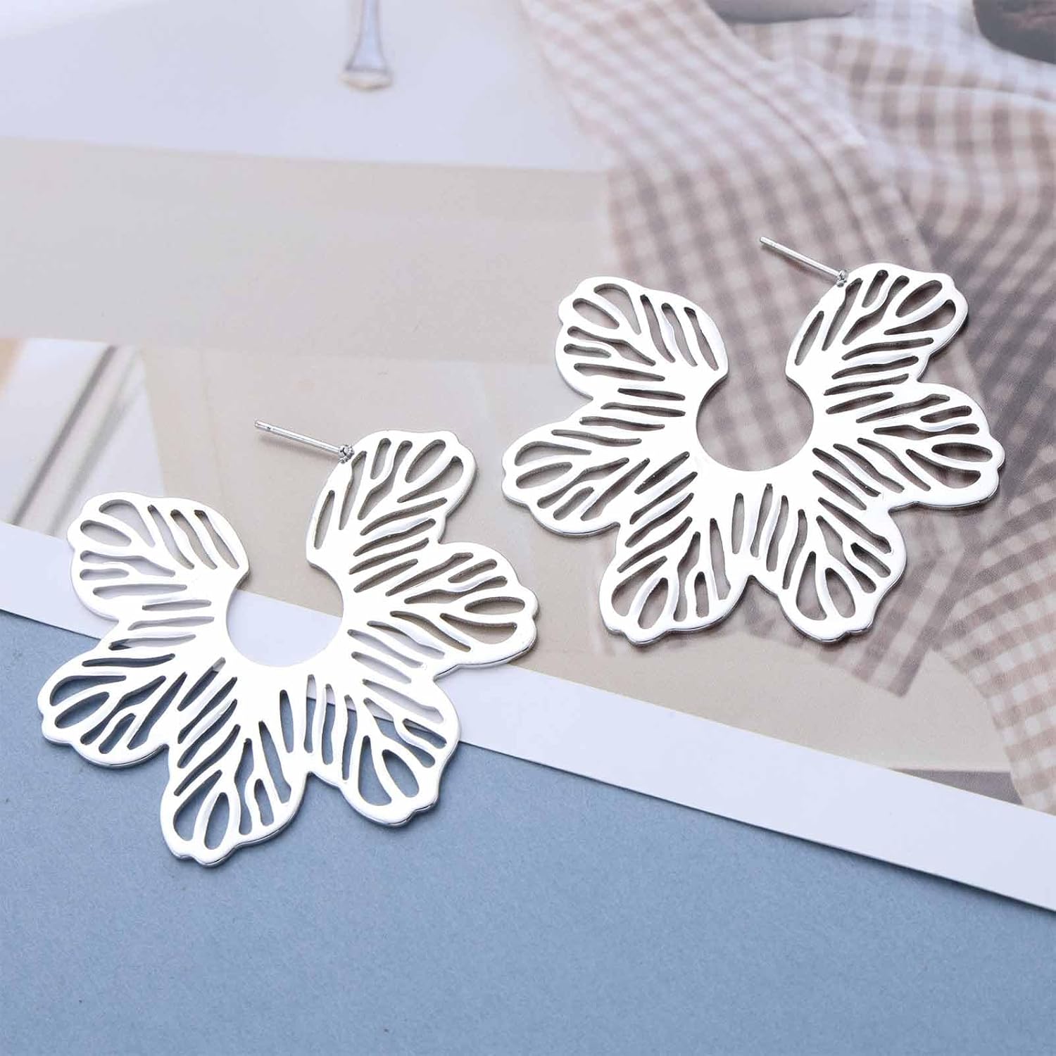 Boho Large Flower Hoop Earrings Gold Hollow Flower Earrings Floral Hoop Stud Earring Floral Open Earring Blossom Stud Jewelry for Women - Image 3