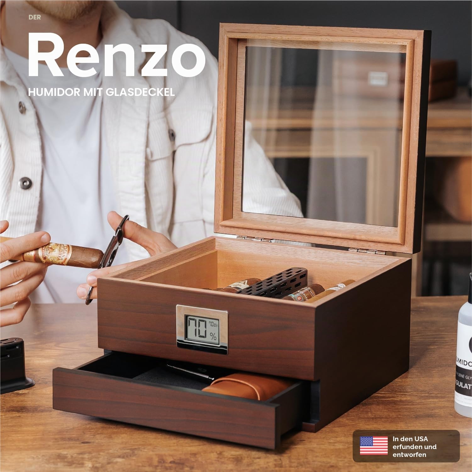 Case Elegance Handgefertigter Humidor aus Zedernholz mit digitalem Hygrometer vorne, Luftbefeuchterlösung und Zubehörschublade für 25-50 Zigaretten