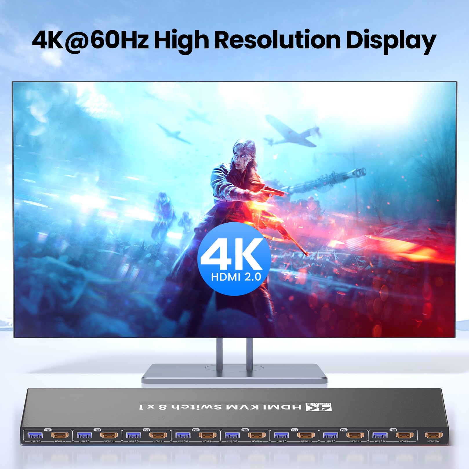 Conmutador KVM de 8 puertos, USB 3.0 4K60Hz HDMI KVM Switch 1 monitor 8 computadoras para 8 computadoras Comparte 1 juego de monitor de teclado y mouse y 4 puertos USB 3.0