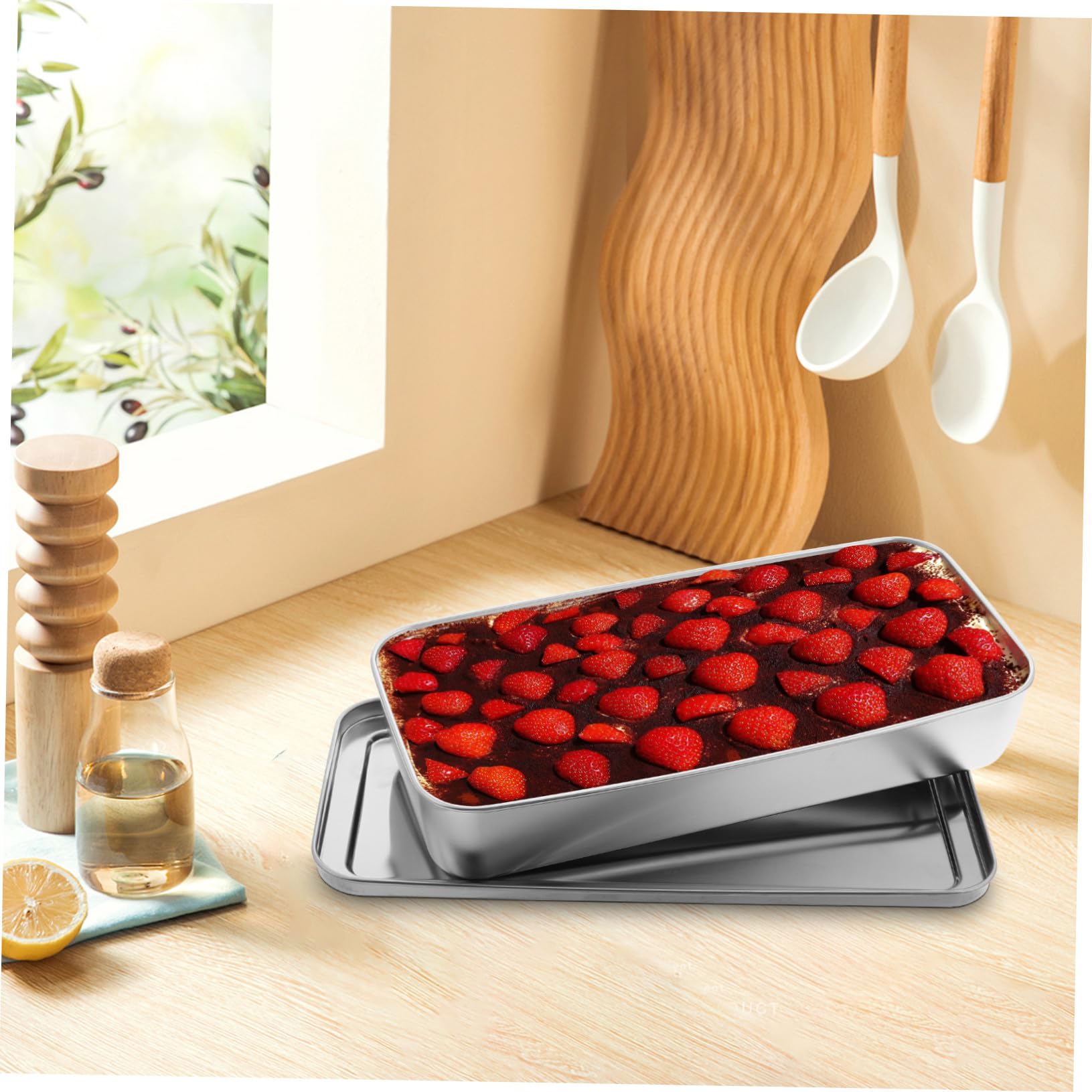 Cabilock Edelstahl Backform Rechteckig mit Deckel Langlebig und Rostfrei für Tiramisu und Käsekuchen Vielseitig zum Backen Lagern und Servieren Moderne Silberne Kuchenform