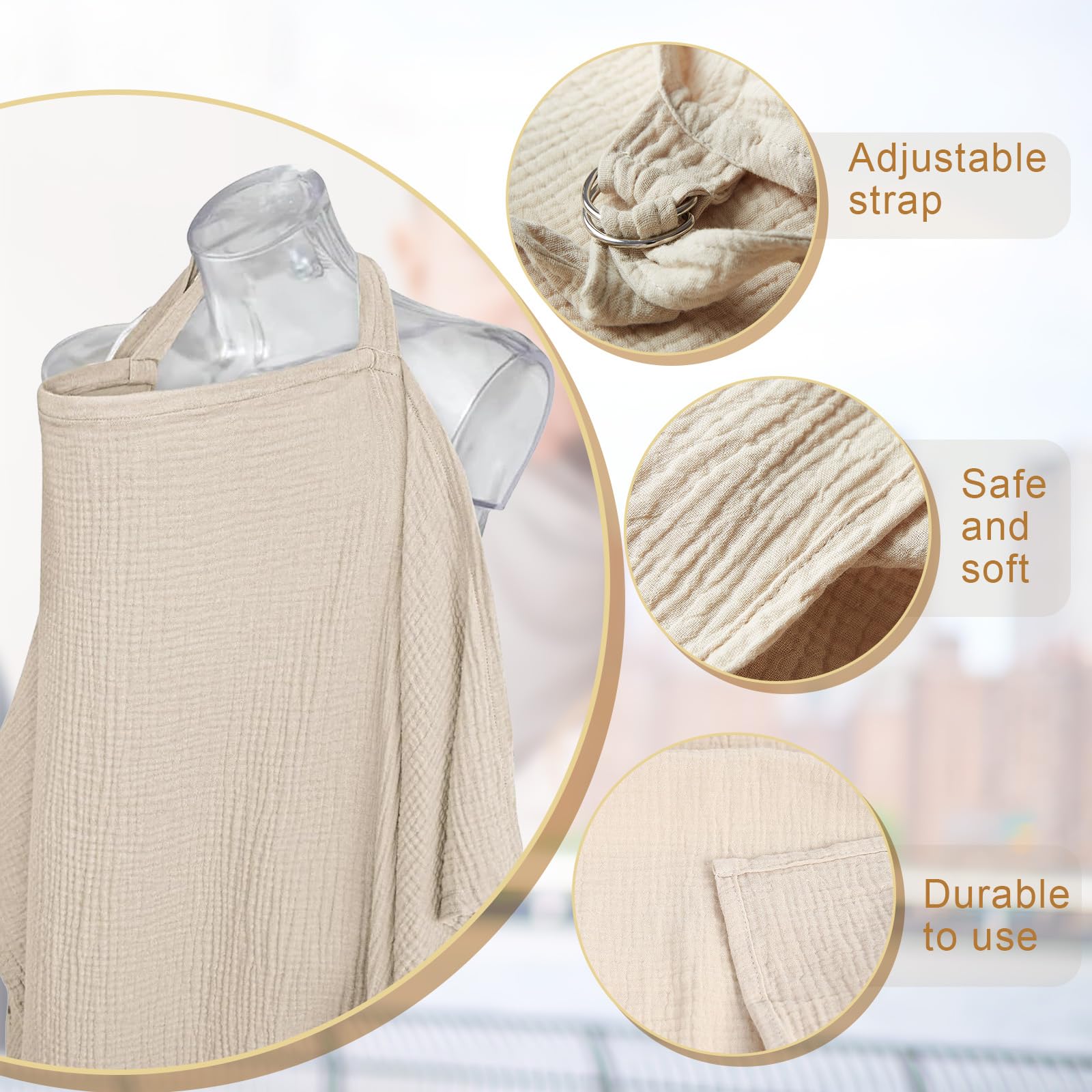 VEGCOO Couverture Allaitement Bébé, Couvertures d'allaitement, Tablier Allaitement Bebe et Serviette de Salive, Cache Allaitement Écharpe pour Mamans, Coton Douce Respirante Ajustable (couleur avoine)