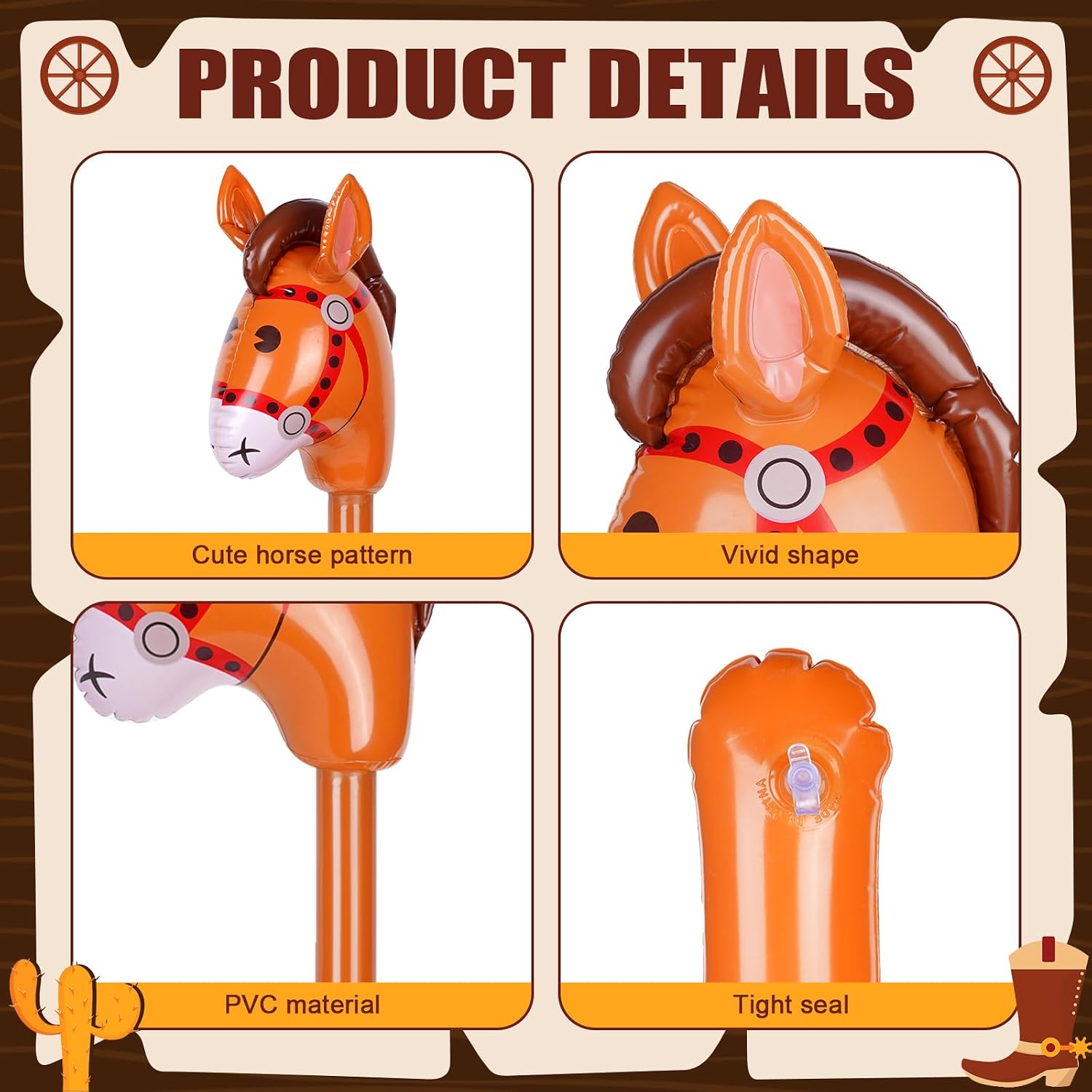 OBANGONG 12 Pcs Inflatable Stick Horse Large Horse Head Stick Balloon Blow Up Pony Toys Colorful Riding Horse Stick for Birthday Cowboy Party Supplies (Black Pink Red) image 3