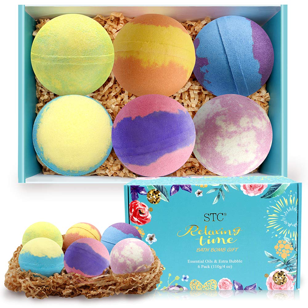Bath Bombs Gift Set - 6 Bubble Bath Fizzies (4oz Each) with Natural Cocoa and Shea Essential Oils (6 x 4oz)
