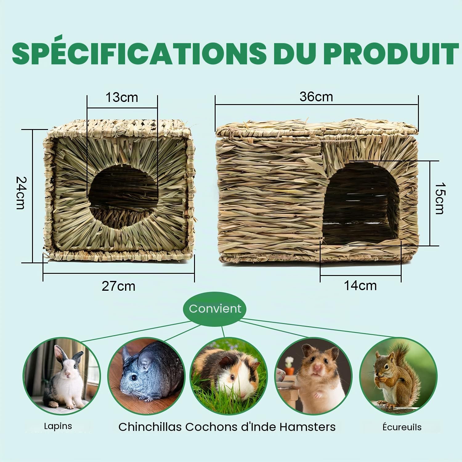 HYLYUN Très Grande Maison Foin Lapin Naturellement Séchée Maison d'herbe Tissée Pliable pour Lapin, Cochon d'Inde, Chinchilla, Furet Jouer et Dormir