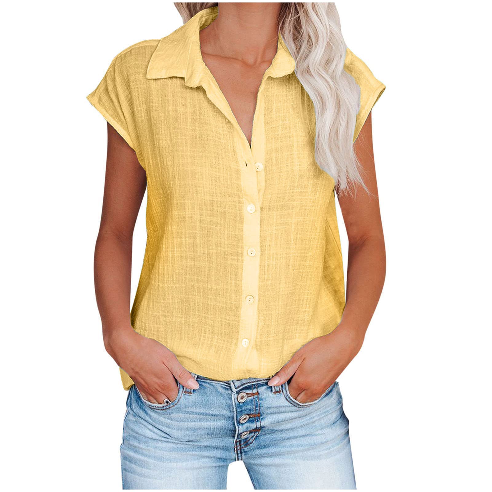 NUSGEAR 2022 Camisa Manga Corta Mujer, Verano Moda algodón y Lino Elegante Blusa Camisa Cuello en V Color sólido Camiseta Suelto Tops Casual Fiesta T-Shirt Original Suave cómodo tee