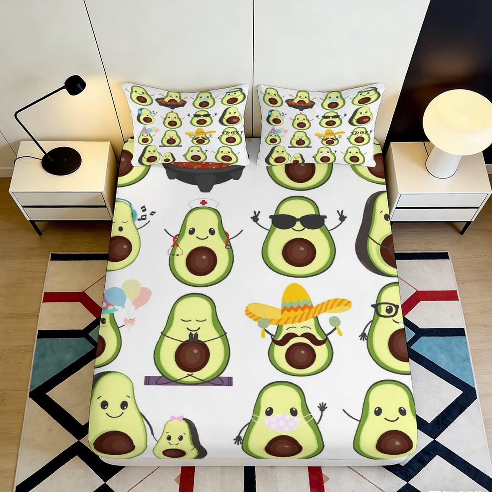 3D Printed Cartoon Avocado Fitted Sheet Microfiber Soft Anti-Slip Fruit Pattern Bed Cover for Bedroom Guestroom 90x200x25cm