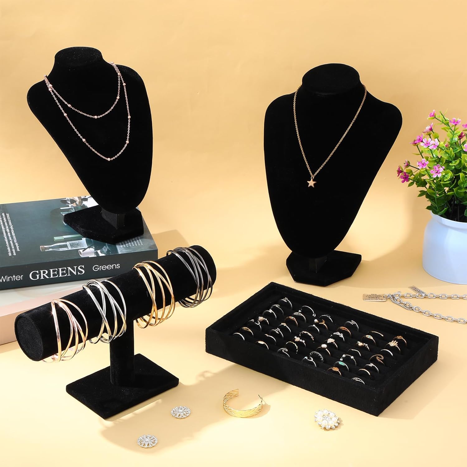 Wenqik 4pcs Velvet Jewelry Display Set 2 Necklace Chain for Vendors T-bar Bracelet Holder Ring Tray for Showcase Jewelry Displays Supplies(Black) - Image 4