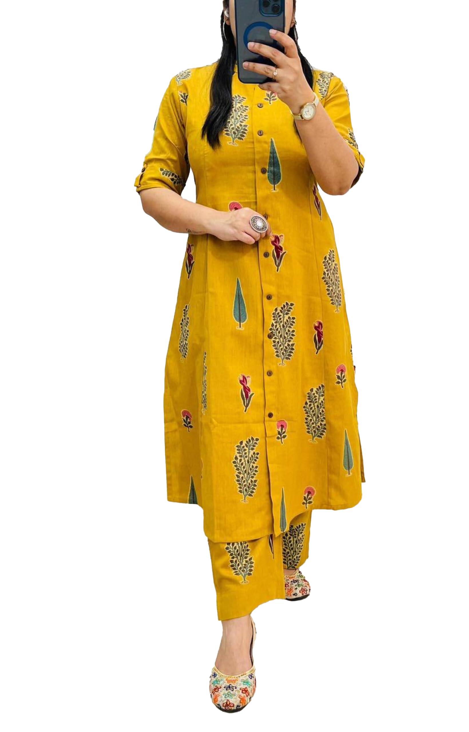gehu garments Women’s Mustard Yellow Rayon Printed Kurta Set with Pants | Straight Kurta with Shirt Collar & Button Front | Casual & Office Wear Ethnic Co-ord Set-picture-51