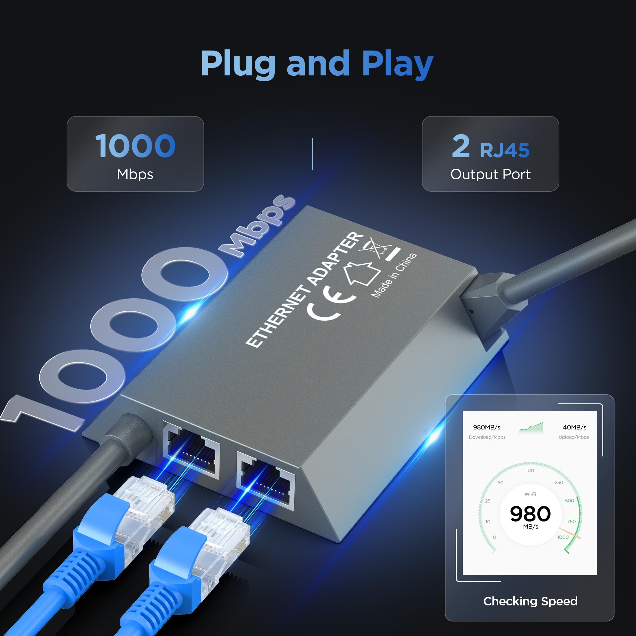 LUCMO Multi Ports Starlink Ethernet Adapter for Starlink Gen 2 Wired External Network, 2 Ports Starlink Ethernet Adapter 1 to 2 [2 Devices Networked Simultaneously] - Up to 1 Gbps