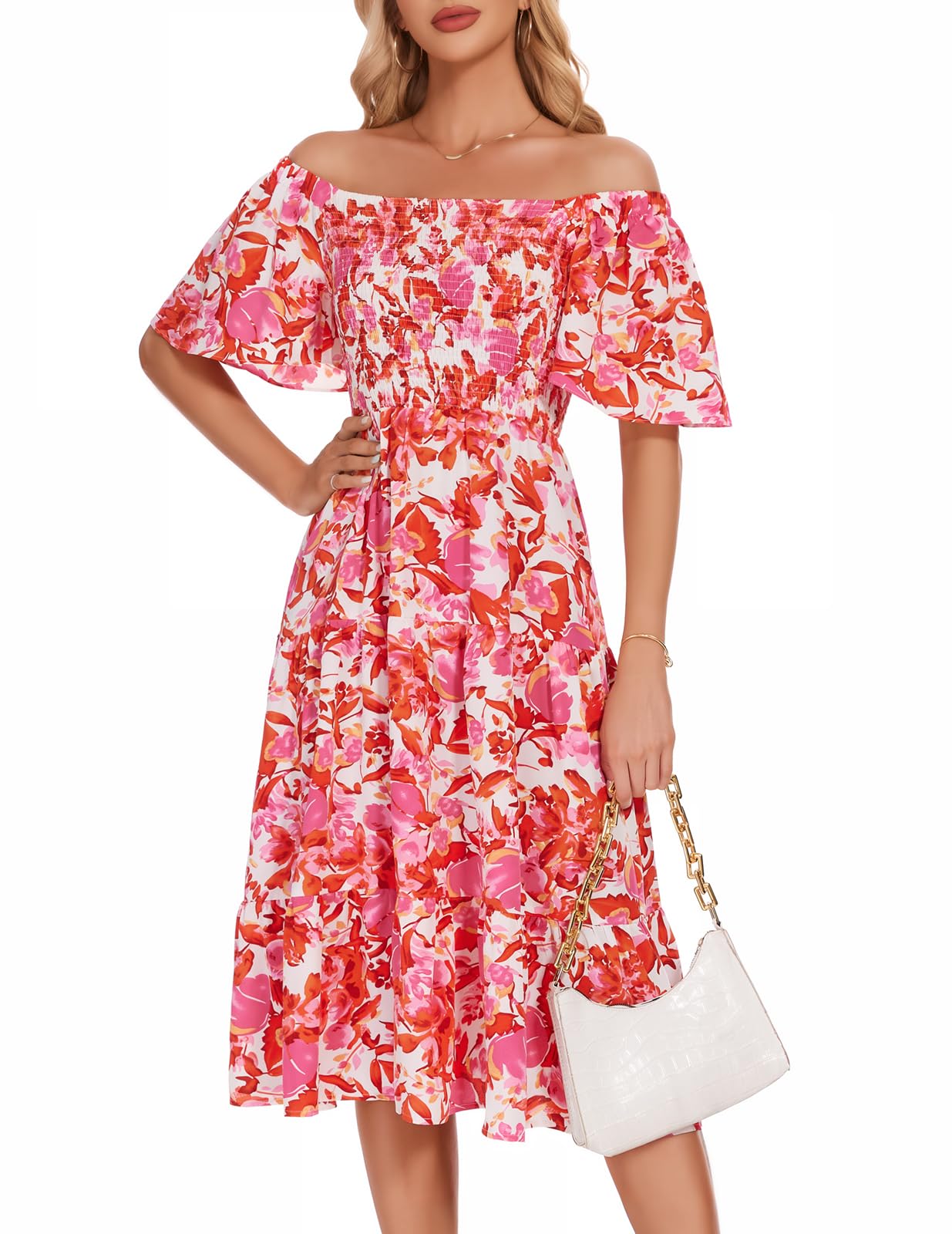 Bbonlinedress Robe été Femme Chic et Elégant à Fleurie pour Plage Casual Cocktail Soirée Bal Top Elastique Manches Courtes