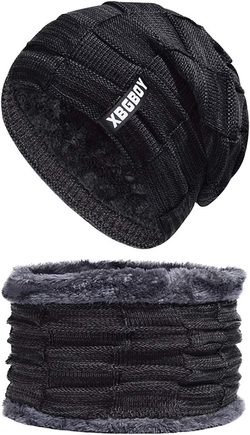 spikerking Mens Winter Knitting Wool Warm Hat Daily Slouchy Hats Beanie Skull Cap and Scarf(One Size, Black(hat+Scarf))