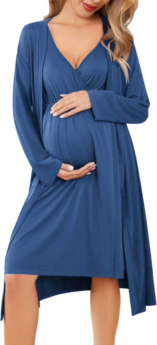 Ekouaer Maternity Nursing Gown and Robe Set Labor Delivery Nightgowns