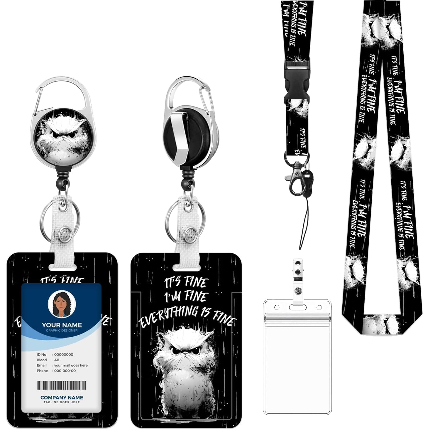 Fashionable ID Badge Holder Lanyard Set - Retractable Badge Reel with Carabiner Clip & Detachable Strap, Vertical Card Protector for Teacher, Doctor, Nurse & Student(Black Owl) โ image 1