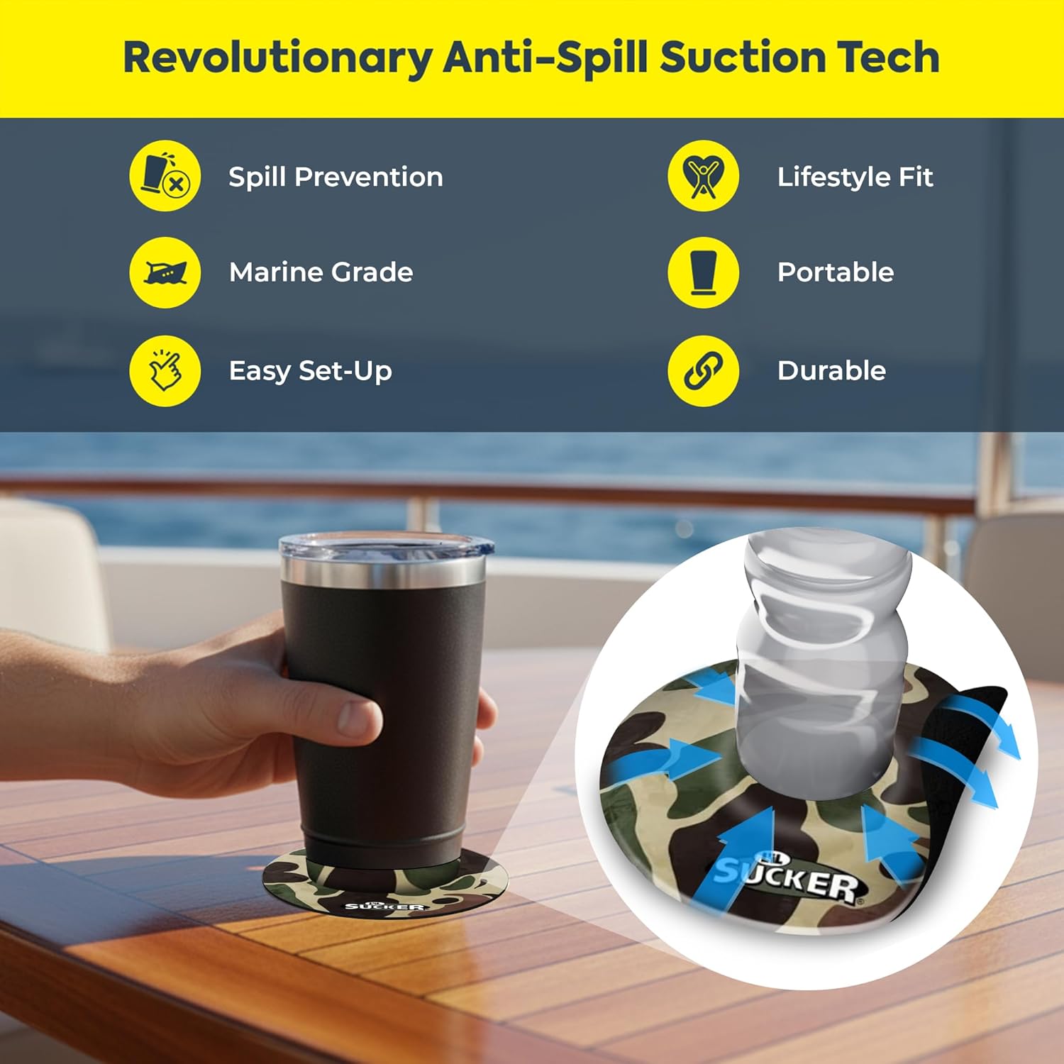 Lil Sucker Suction Cup Holder – Universal Drink Holder for Paddle Board, Kayak, ATV & Boat – Clip-On Coffee Anti-Spill - Camo Pack of 2