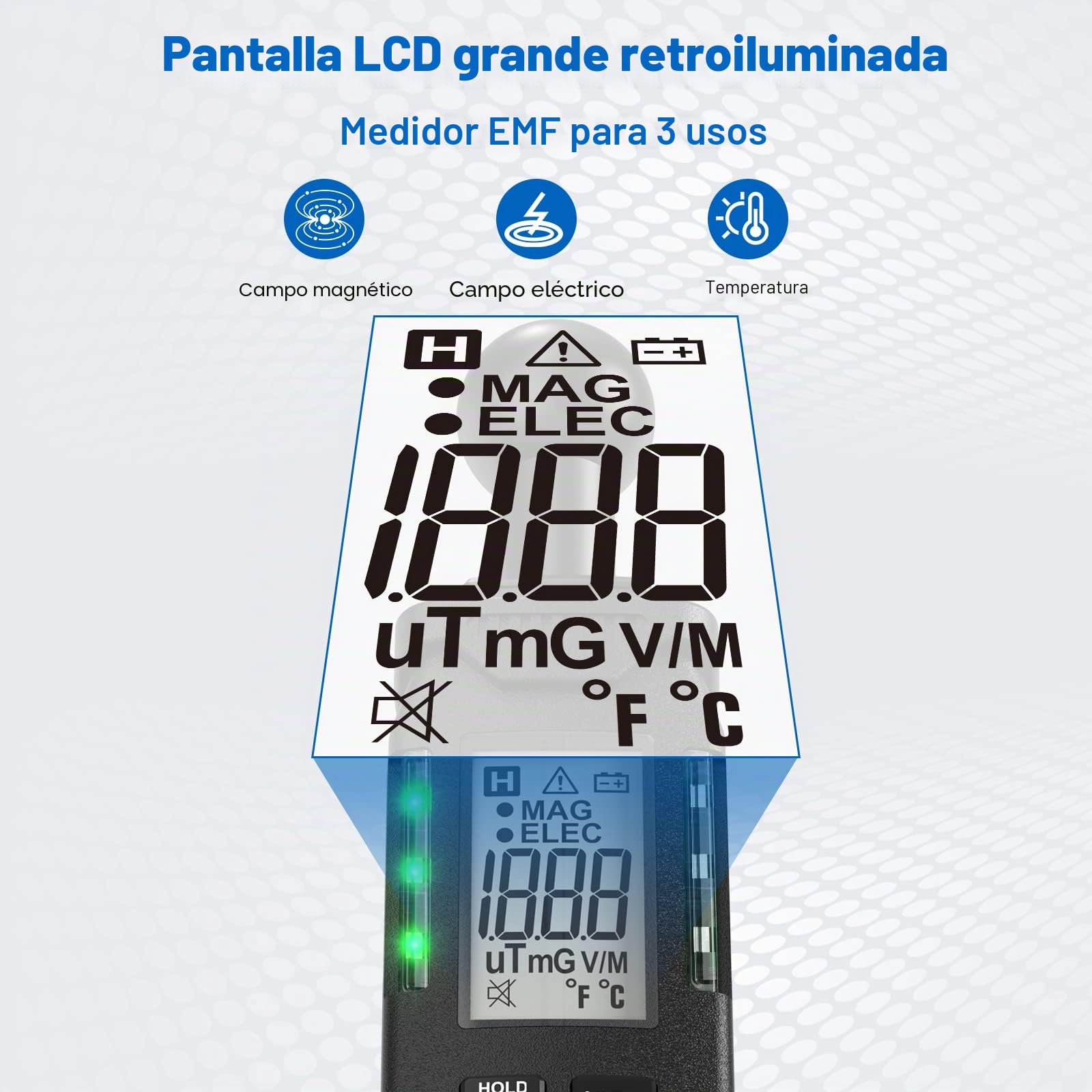 Medidor EMF, Medidor EMF digital portátil, panel LCD con zumbador y luz indicadora, adecuado para la inspección de campos electromagnéticos en casa, en la oficina, al aire libre, en sala de