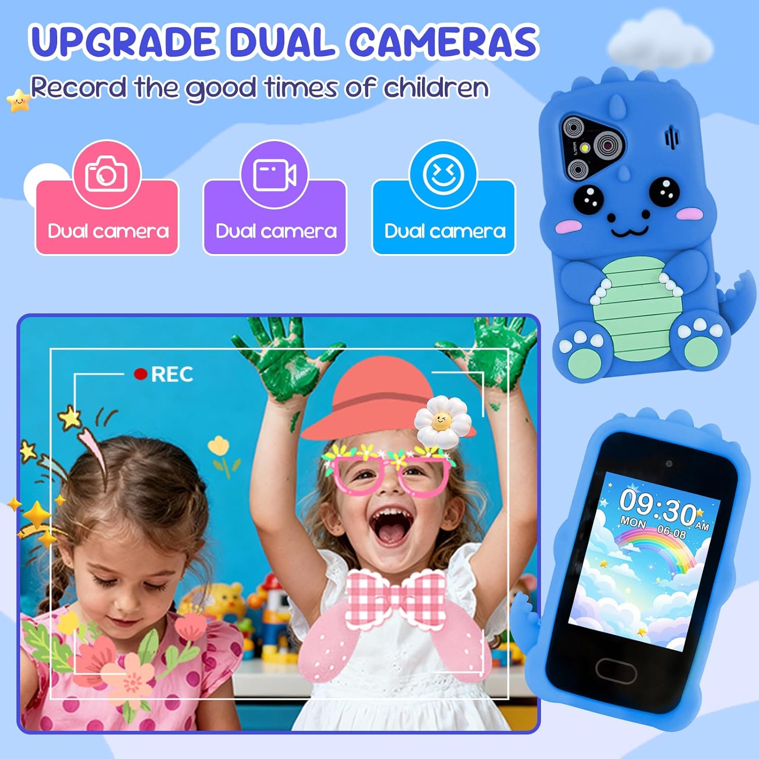WINGDA Kids Phone,Touchscreen Dual Camera Kids Smart Phone Toy,Christmas Birthday Gifts,Shockproof Dinosaur Kid Cell Phone for Boys 3-10, Toddler Phone for Learning,Games,Photo,Music with 8GB SD Card