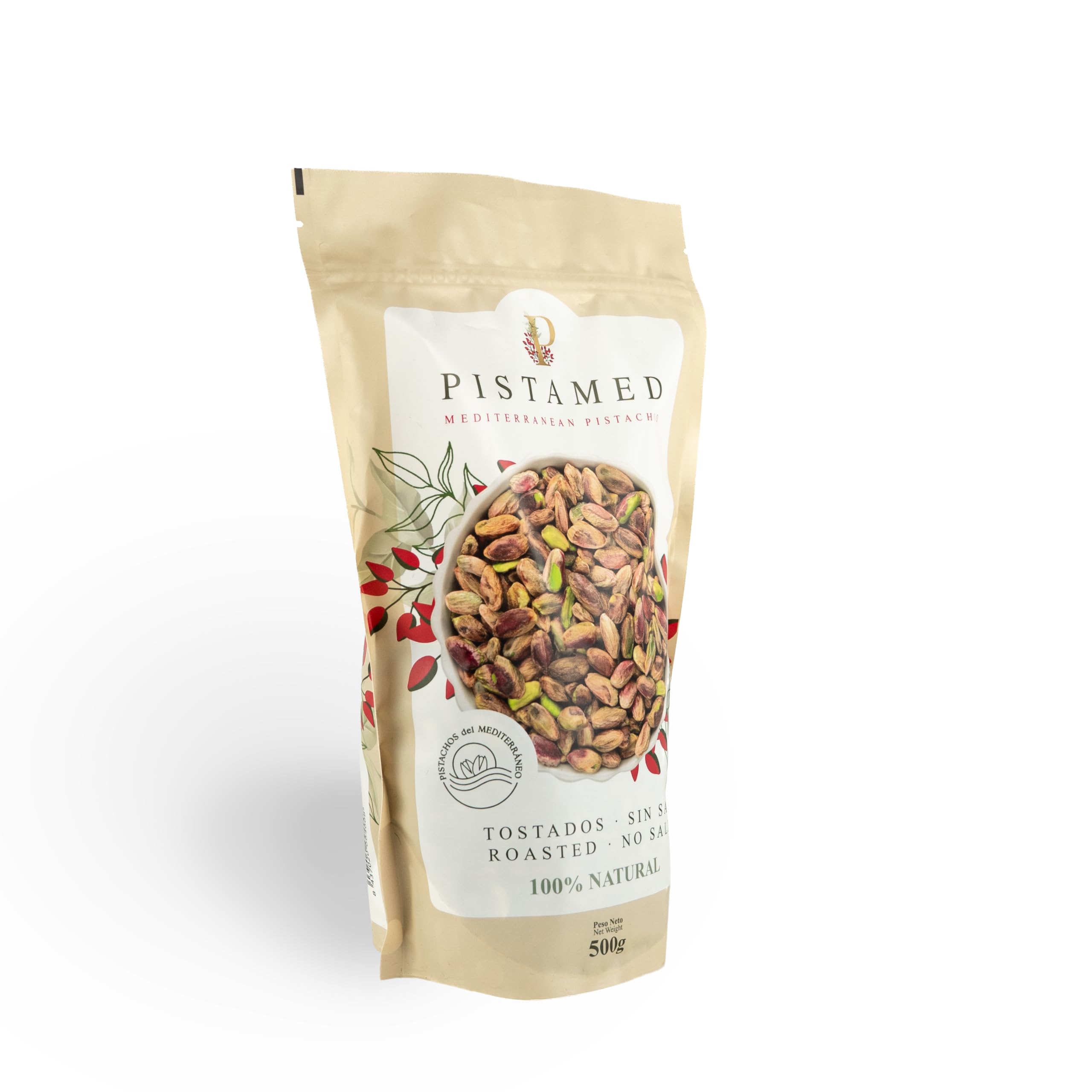 PISTAMED - Pistachos Pelados Tostados Artesanalmente sin Sal - Alto Contenido en Fibra - Apto Veganos y Sin Gluten - Bolsa 500 g con Cierre Zip - Origen España - Para Repostería y Hostelería