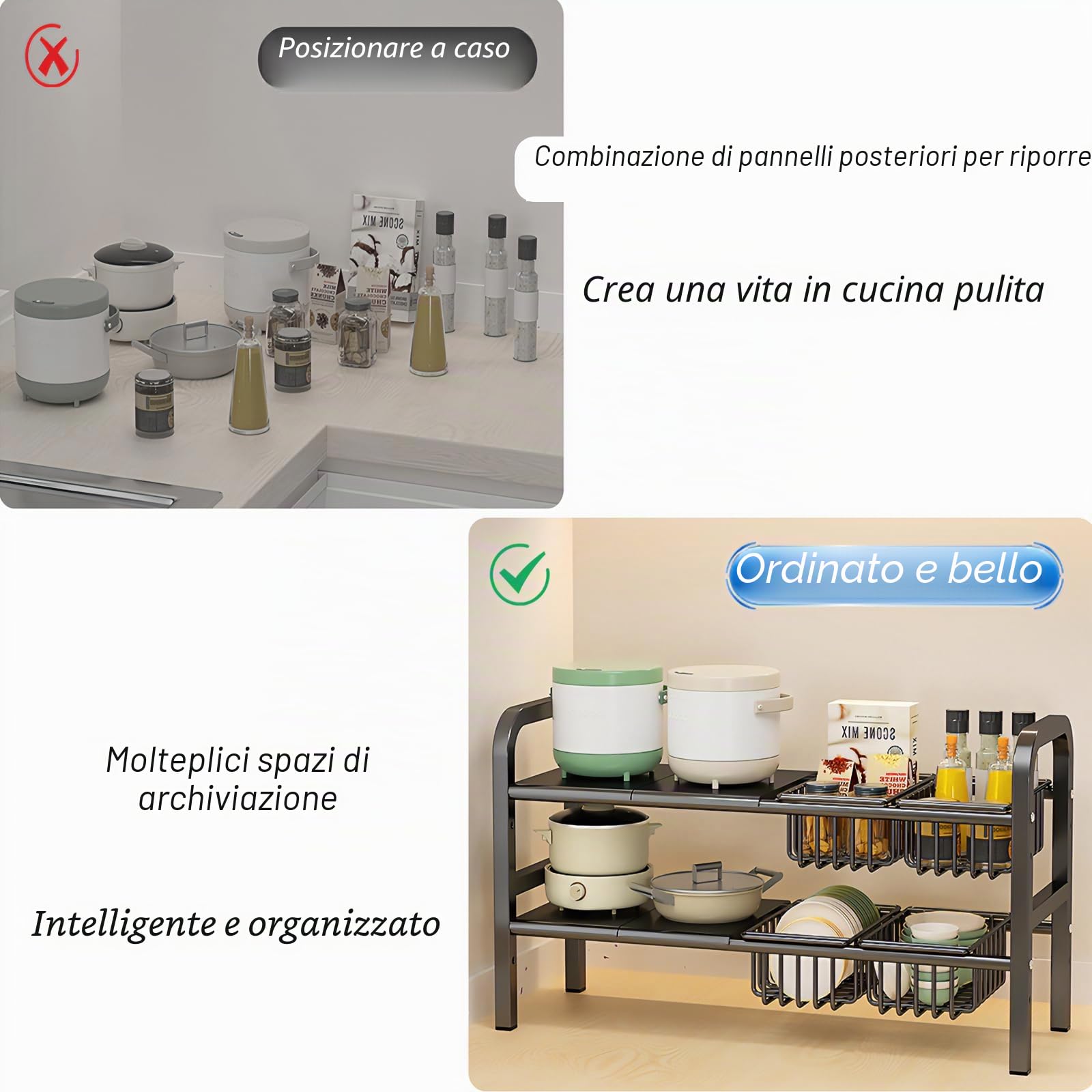 ViWaVee Organizer Sottolavello Cucina, Organizer a 2 Livelli Con 4 Cestelli Estraibili e 4 Pannelli, Scaffale Sotto Lavabo Per Cucina, Organizzatori Bagno(Nero, 53 cm - 83 cm)
