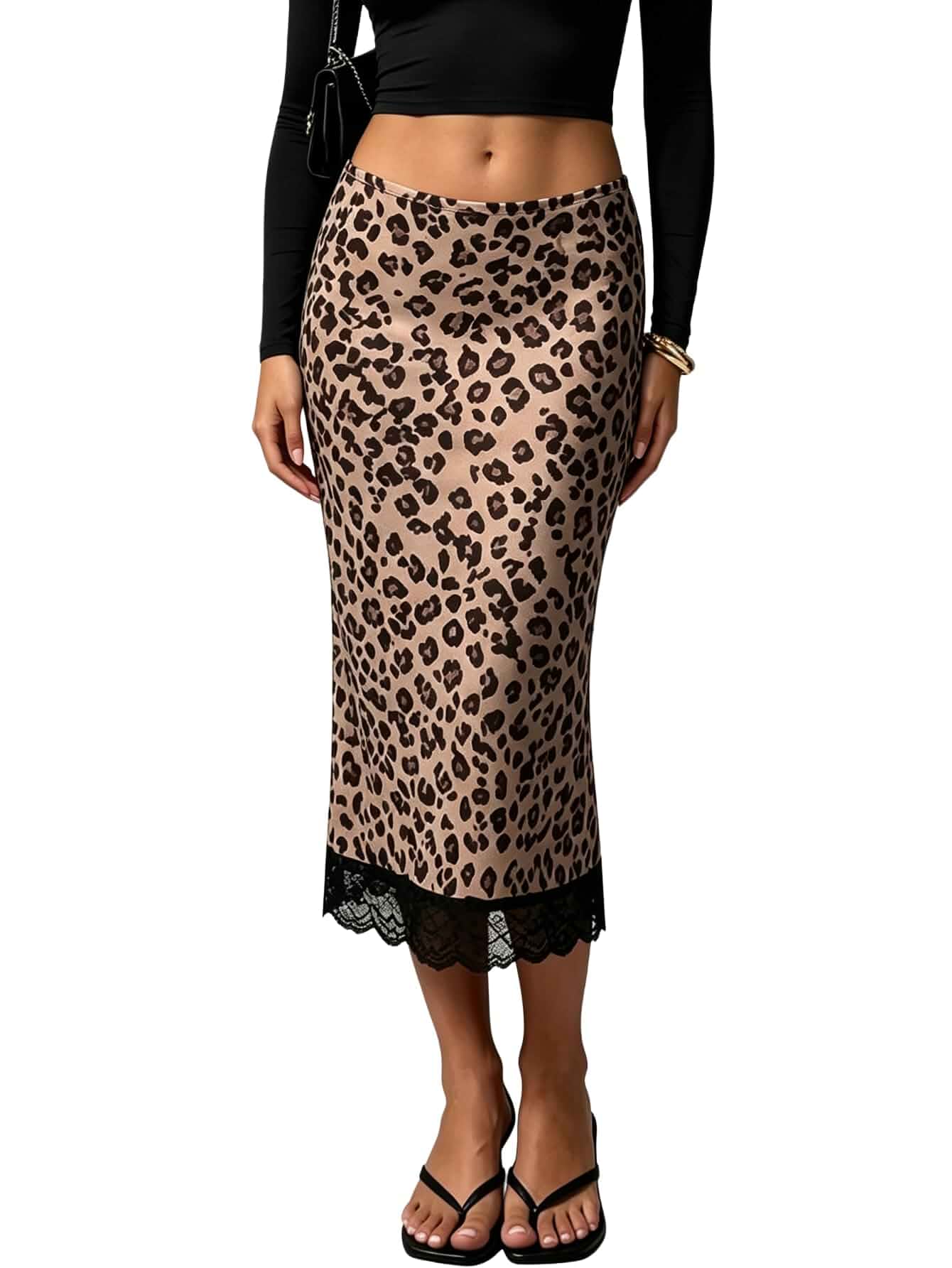 Floerns Women's Leopard Satin Midi Skirt Low Waist Lace Trim Bodycon Skirt Y2K Style Leopard Satin Slip Skirt, Lace Hem, Low Waist, Mid Length Skirt