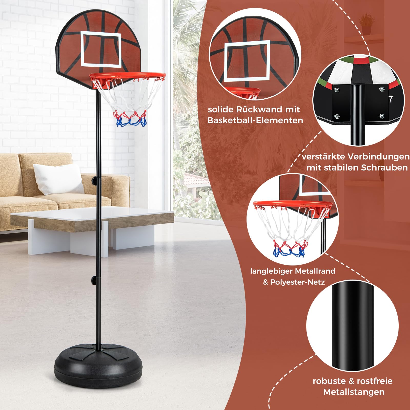 COSTWAY Kinder Basketballkorb mit Dartscheibe, 2 in 1 Basketballständer mit doppelseitigem Rückbrett & 6 Darts, 96-146 cm höhenverstellbar, Basketballkorb mit Ständer für Kinder ab 8 Jahren