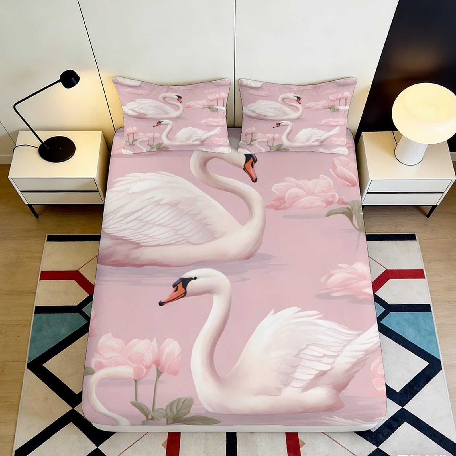 Pnayamiorkfel Style-9 3D Printed Swan Lake Fitted Sheet Microfiber Soft Pink Lotus Bed Cover Anti-Slip Washable Decor For Bedroom Guest Room 90X200x25cm