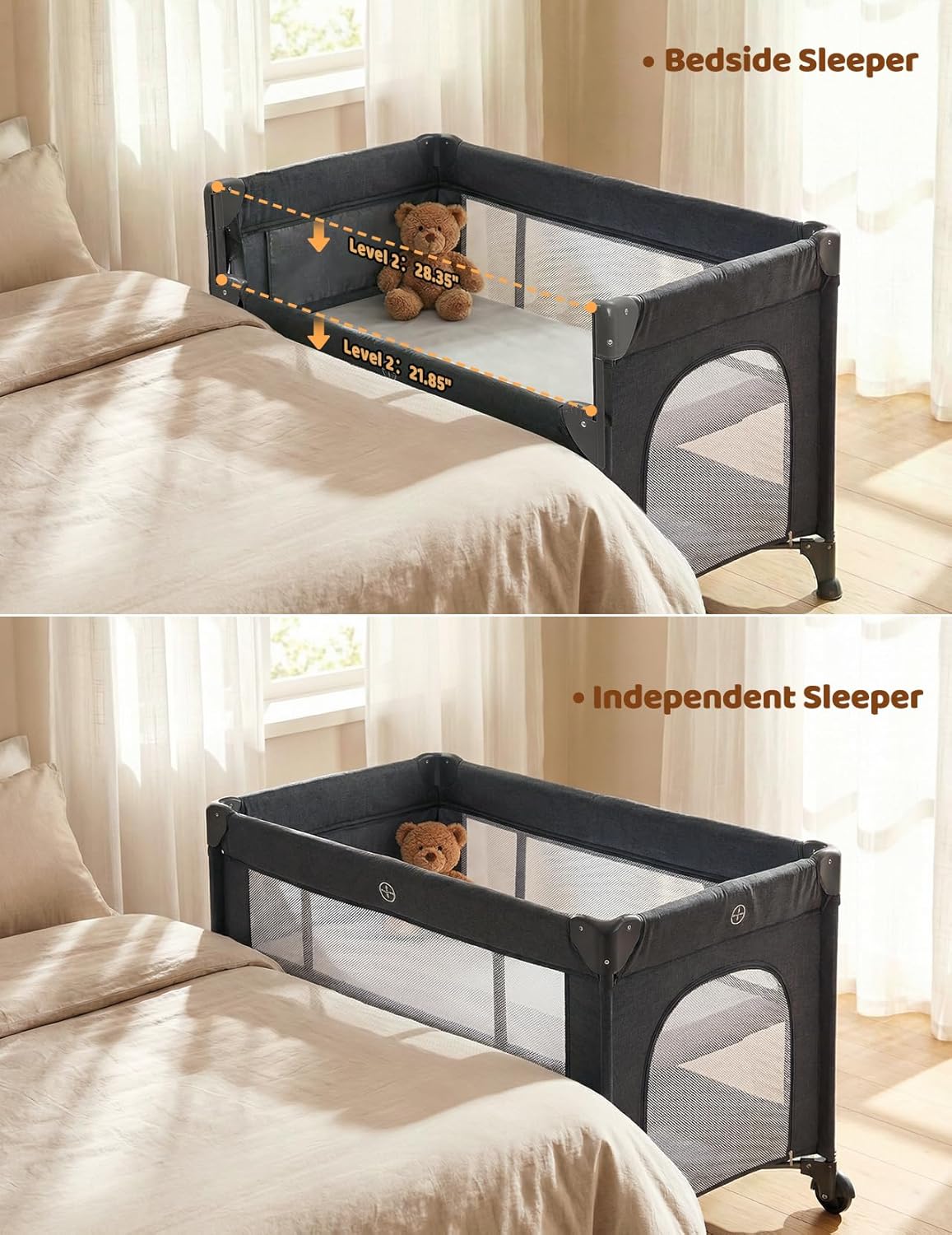 Dripex 5 in 1 Pack n Play Bedside Sleeper, 2-Level Height Baby Crib, Storage Pocket & Breathable Mesh - Foldable Portable Baby Bedside Bassinet for 0 to 12 Months (Travel/Home), Dark Grey