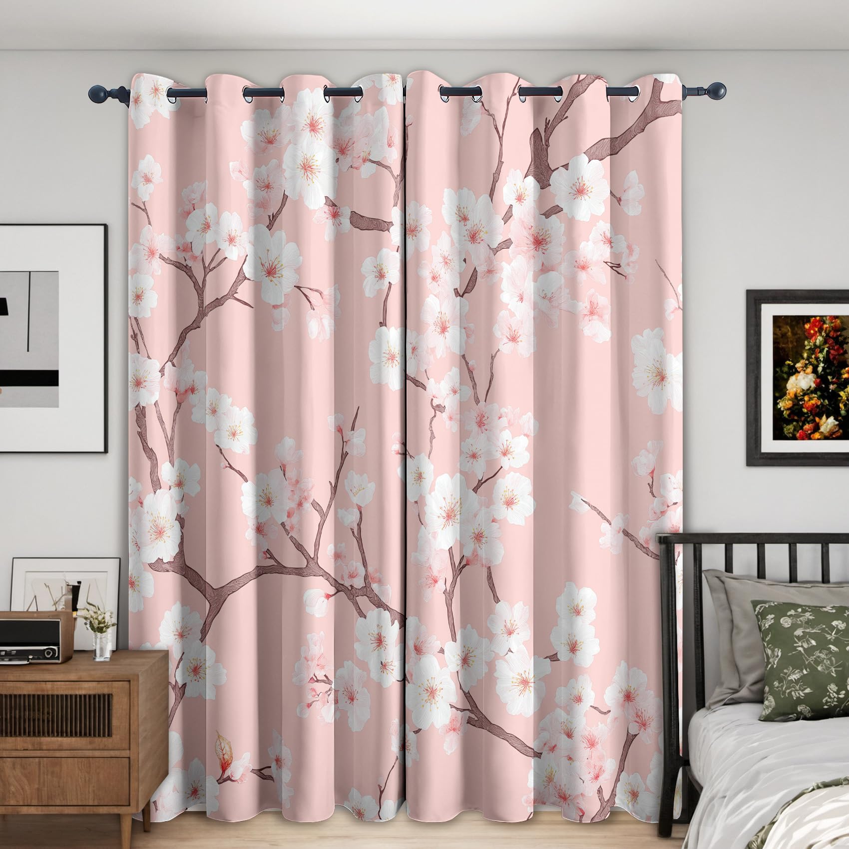 Pink Cherry Blossom Curtains for Bedroom 52 x 84, Flower Curtains Blackout Living Room Home Decor, Printed Window Eyelet Drapes 84 Inch Drop 2 Panels - Yz204