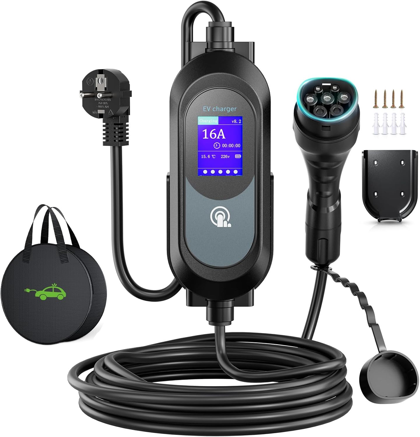 Cargador para Coche Eléctrico, Cable Cargador EV 3.68kW con Soporte, 8-16A Conmutable con Pantalla Digital de 2.4 Pulgadas, Carga Temporizada 0-12H, Cable Tipo 2 con Bolsa (6M)
