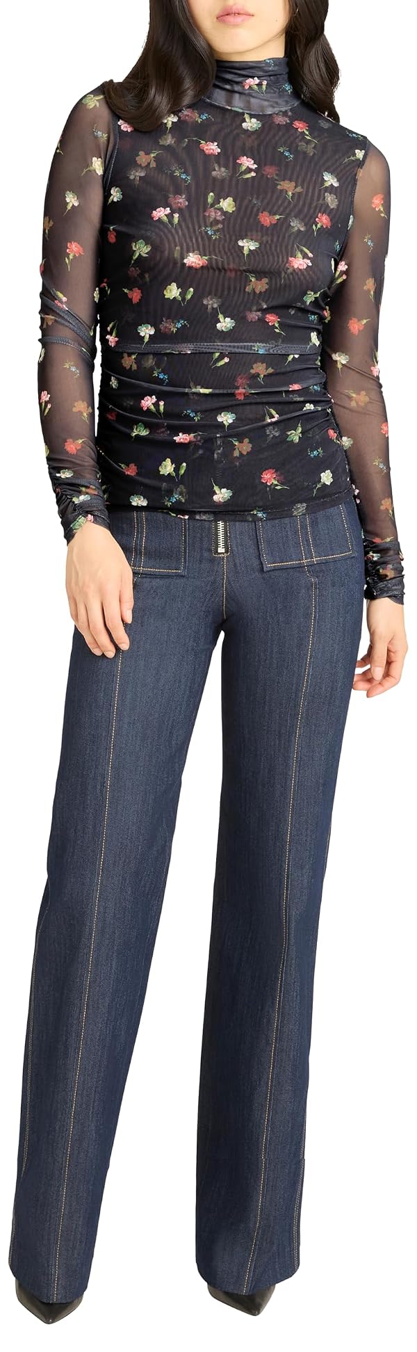 Cinq à Sept Women's Tumbling Carnations Shirred Mesh Turtleneck, Black Multi, S by Cinq à Sept - Used condition - US$120.68