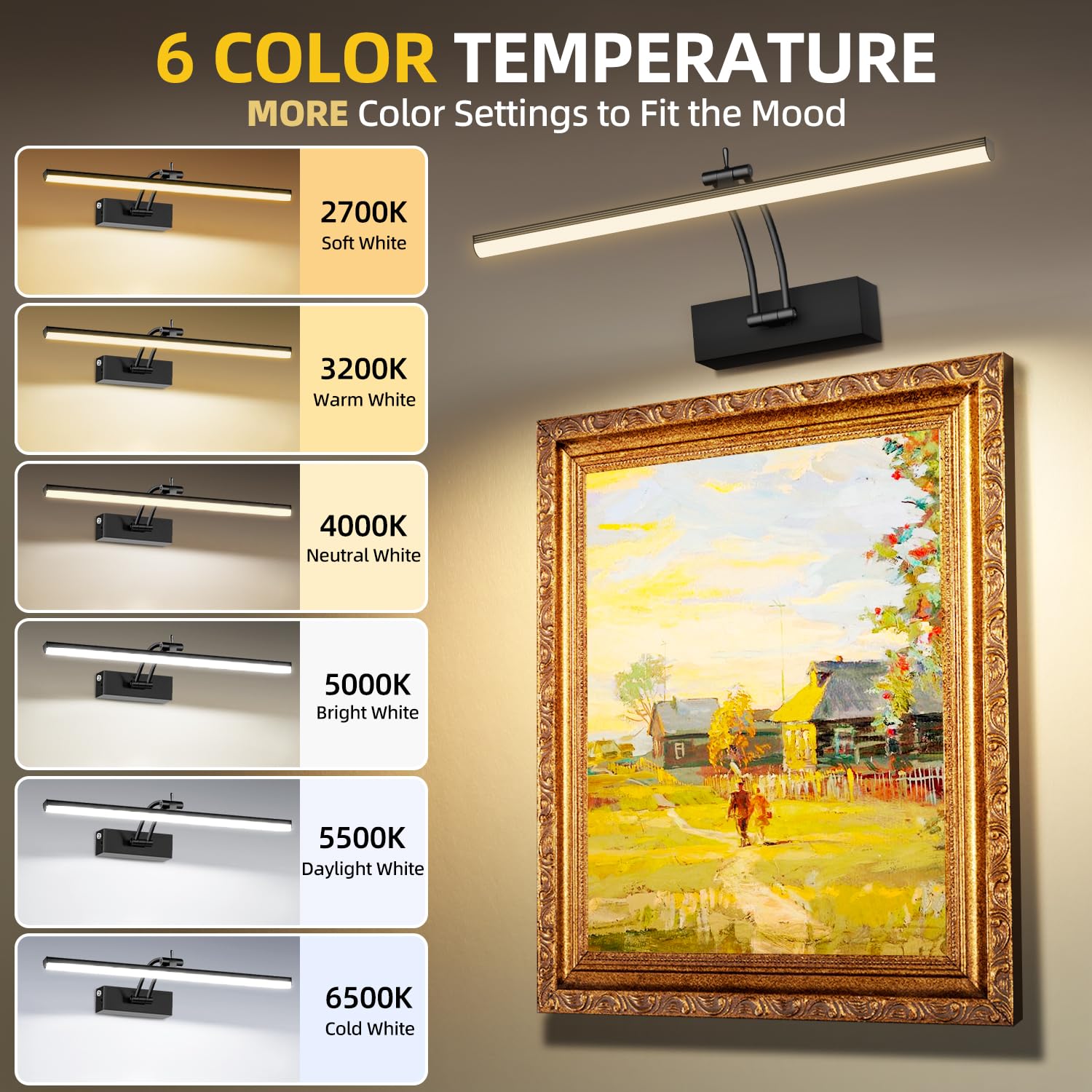Luci per immagini a 6 colori a batteria con telecomando, luci da pittura ricaricabili wireless da 40,6 cm con timer per parete, luci dimmerabili da 6 CCT per bersagli per gallerie d'arte, confezione