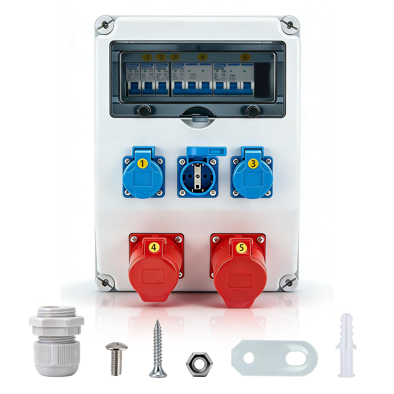 Baustromverteiler 230V 16A, Wandverteiler mit FI-Schutzschalter und LS-Schalter, 4 x Schuko Steckdosen und CEE-Steckdose 16A Stromverteilung, Stromverteilung für Baustellen und Innenbereiche (1)