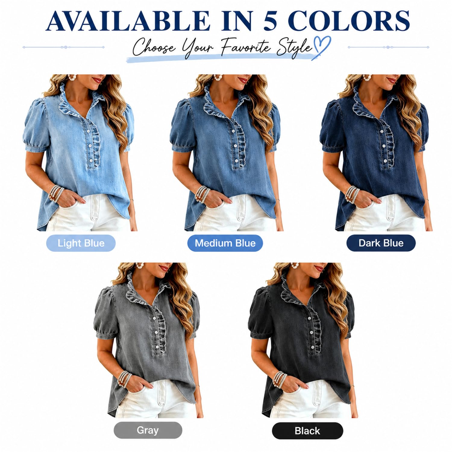 Camisa Vaquera para Mujer Estilo Y2K con Volantes, Blusa de Verano con Mangas abullonadas, Top Holgado de Cuello en V y Manga Corta para Uso Diario