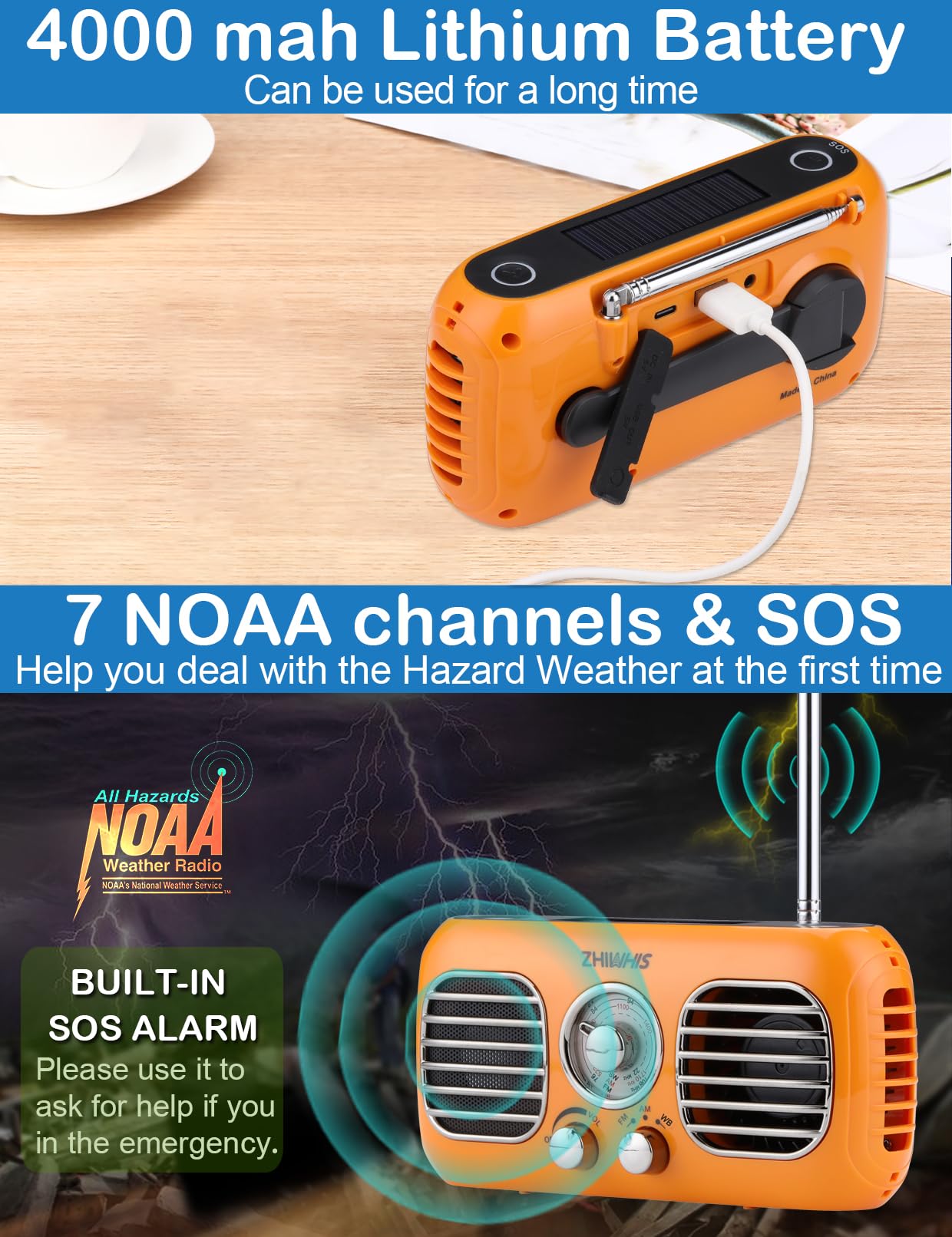 ZHIWHIS ZWS-380 - Radio di emergenza con ventilatore portatile, radio meteorologiche AM/FM/WB con sirena SOS, manovella, pannello solare, 4000 mAh, power bank, manopola rotante, ricevitore retrò