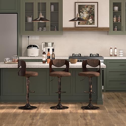 Miniatura 10 de VECELO Juego de 2 taburetes de bar con respaldo de madera curvada, reposabrazos y reposapiés, asiento acolchado de piel sintética, taburetes de bar