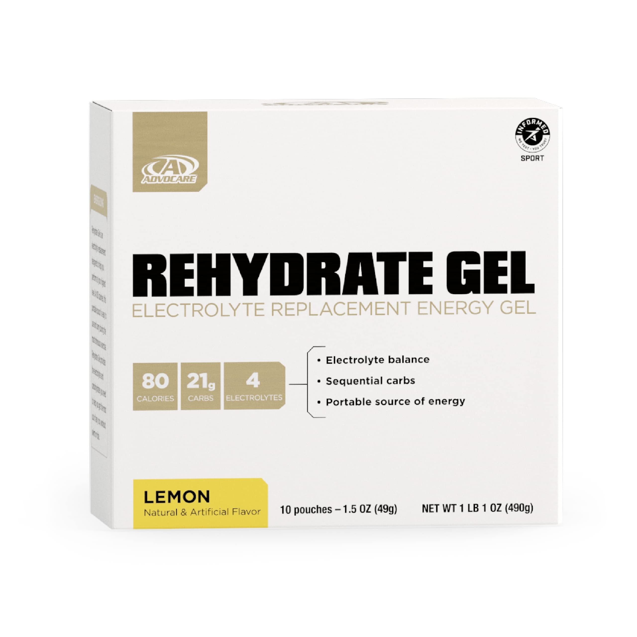 AdvoCare Rehydrate Gel - Pre- & Post-Workout Energy Gels for Running & Exercise - Portable Hydration Packs - Includes Sequential Carbohydrates - Lemon, 10 Pouches